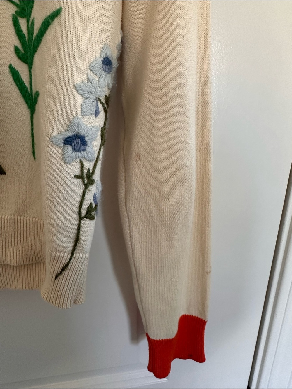 Vintage Lucky Brand Cream V-Neck Cardigan w/ Orange Trim & Floral Embroidery - Picture 5 of 16